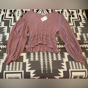 Fate Purple Flutter Sleeve Smocked Blouse